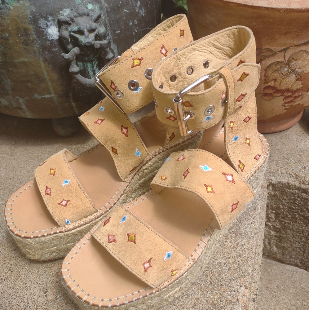 450 Rag & Bone Tara Leather Suede Beige Espadrilles Wedge Sandals Size 6